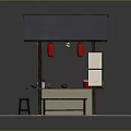 Traditional Japanese Street Stall Design With Black Roof Red Lanterns Counter And Stools