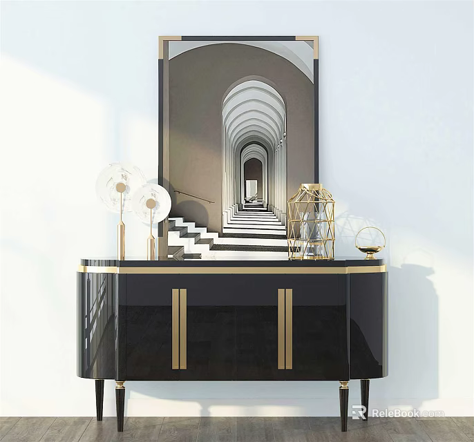Elegant Entryway Side Cabinet With Black Finish Gold Accents And Decorative Mirror Above 3d model 