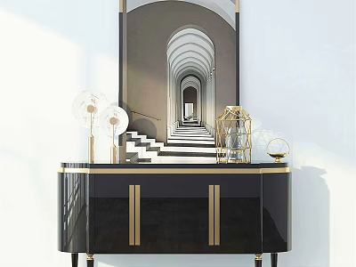 Elegant Entryway Side Cabinet With Black Finish Gold Accents And Decorative Mirror Above 3d model