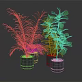 Green Potted Plants With Varied Leaf Shapes In Gray Containers On Dark Reflective Surface