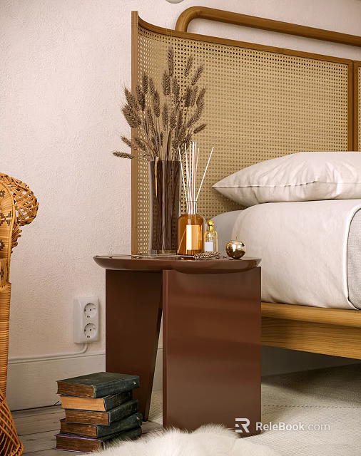 Modern Brown Side Table by Bed with White Pillow and Dried Plant Vase 3d model 
