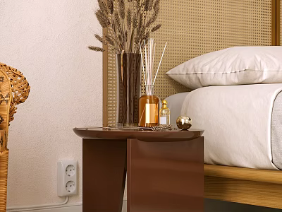 Modern Brown Side Table by Bed with White Pillow and Dried Plant Vase 3d model