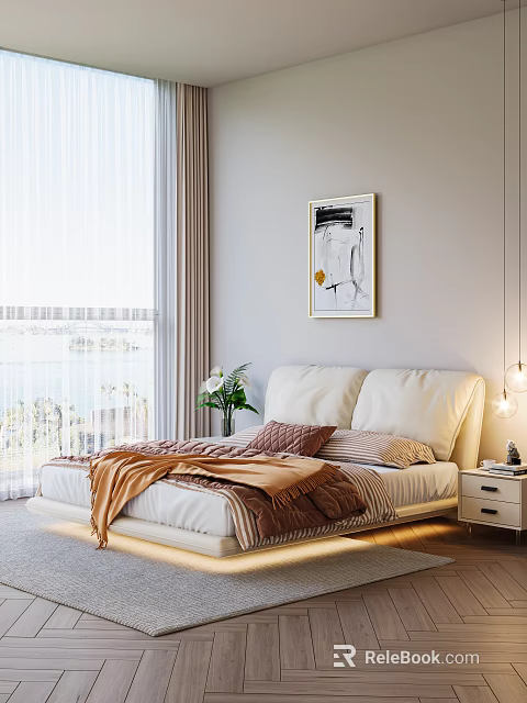 Double Bed With White Headboard Brown Blanket Pink Pillows Framed Painting Sunlight And Sea View 3d model 