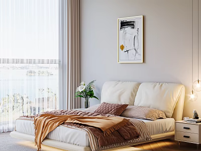 Double Bed With White Headboard Brown Blanket Pink Pillows Framed Painting Sunlight And Sea View 3d model