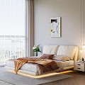 Double Bed With White Headboard Brown Blanket Pink Pillows Framed Painting Sunlight And Sea View