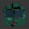 Small House Scene With Blue Roof Eave Figure Green Decorations Glowing Plants Stones And Lanterns