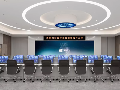 Modern Conference Room Interior With Large Screen Multiple Computers And Ergonomic Meeting Chairs 3d model