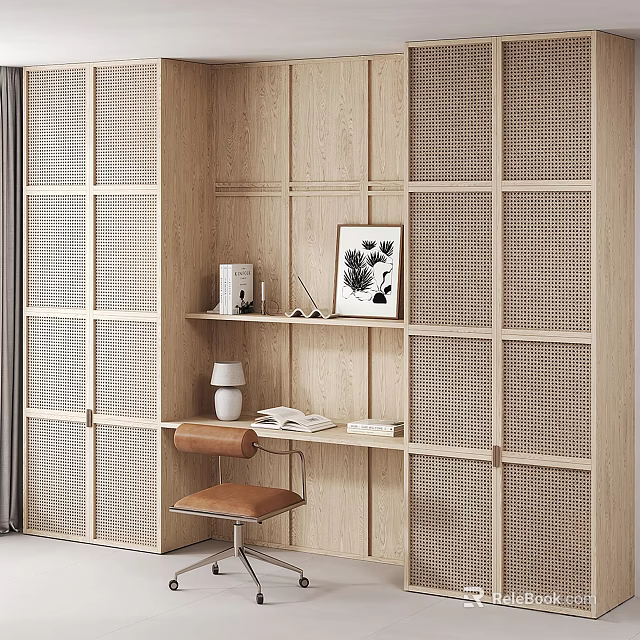 Wooden Bookcase With Rattan Grid Design Small Desk Table Lamp Books And Brown Leather Chair 3d model 