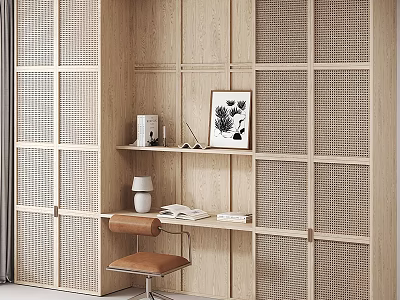 Wooden Bookcase With Rattan Grid Design Small Desk Table Lamp Books And Brown Leather Chair 3d model
