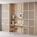 Wooden Bookcase With Rattan Grid Design Small Desk Table Lamp Books And Brown Leather Chair