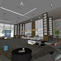 Modern Hotel Lobby Interior Design With Wooden Screens Chandeliers Sofas And Coffee Tables