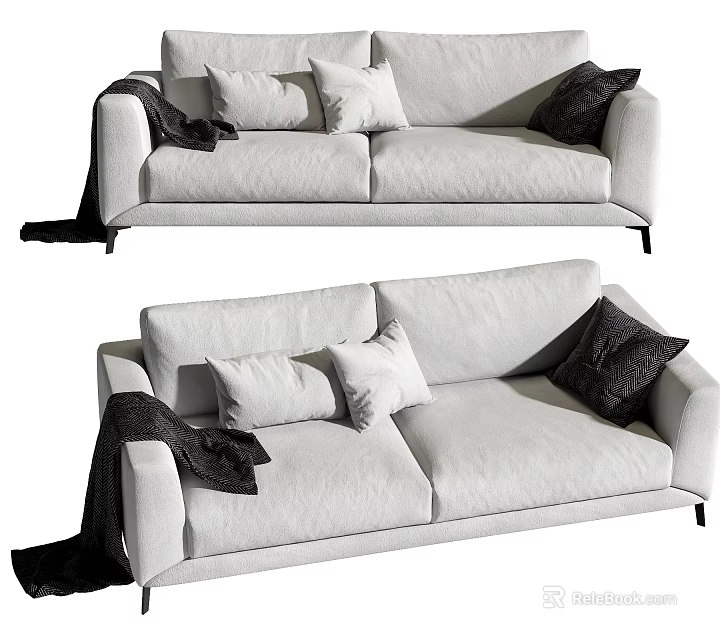 Modern Light Colored Two Seater Sofa with White and Dark Pillows and Cozy Blanket 3d model