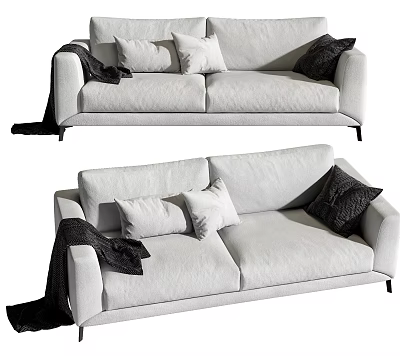 Modern Light Colored Two Seater Sofa with White and Dark Pillows and Cozy Blanket 3d model