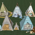 Colorful Kids Tepee Tents With Cushions And Stuffed Giraffe On Green Grass