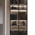 Elegant TV Stand With Flat Screen TV Decorative Vase Striped Wall And Glass Door Bookshelf