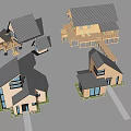Various Designed Homestay Buildings With Wooden Structure Sloped Roofs And Terrace Pathway