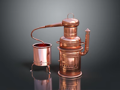 Vintage Copper Still Distillation Equipment With Small Copper Pot And Red Liquid 3d model