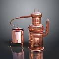 Vintage Copper Still Distillation Equipment With Small Copper Pot And Red Liquid