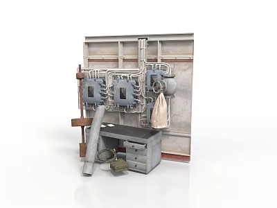 Modern Industrial Style Scene With Mechanical Devices Metal Pipes Control Panels And Tool Bags 3d model