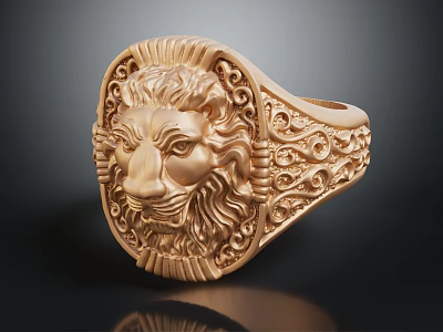 Golden Lion Head Ring With Intricate Ornate Patterns And Detailed Craftsmanship Design 3d model