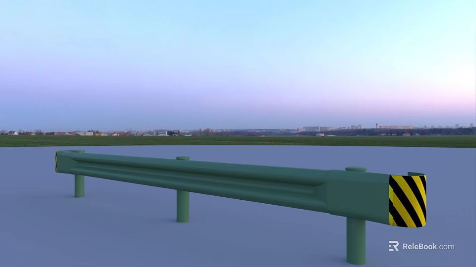 Green Road Guardrail With Yellow Black Stripes On Open Highway At Sunset Sky 3d model 