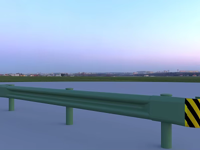 Green Road Guardrail With Yellow Black Stripes On Open Highway At Sunset Sky 3d model