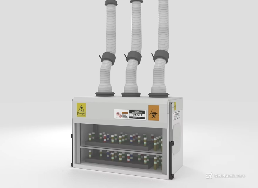 Laboratory Cabinet With Three Cylindrical Pipes Transparent Glass Door And Colorful Vials 3d model 
