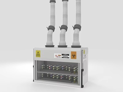 Laboratory Cabinet With Three Cylindrical Pipes Transparent Glass Door And Colorful Vials 3d model