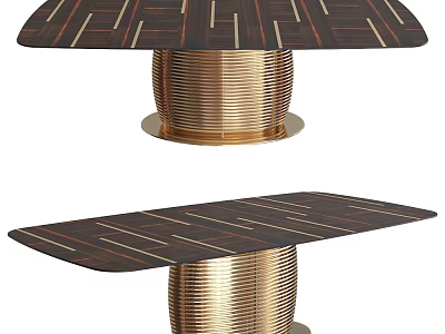 Dark Wooden Dining Table With Striped Top And Coiled Copper Metal Base 3d model