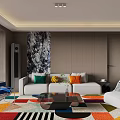 Modern Living And Dining Room Interior With Sofa Colorful Cushions Geometric Rug And TV Wall