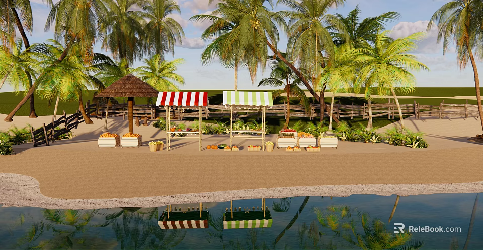 Waterfront Landscape With Palm Trees Striped Awnings Sandy Beach Sun Loungers And Water Reflections 3d model 