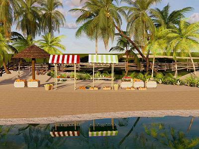 Waterfront Landscape With Palm Trees Striped Awnings Sandy Beach Sun Loungers And Water Reflections 3d model