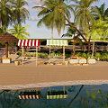 Waterfront Landscape With Palm Trees Striped Awnings Sandy Beach Sun Loungers And Water Reflections