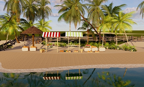 Modern Beach Waterfront Beach Park Landscape Fruit Stall Beach Sale Pavilion Seaside Holiday Beach Coconut Tree Island 3d model