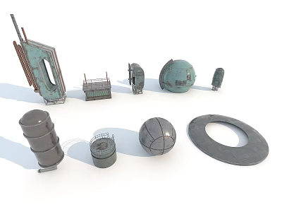 Different Architectural Building Components Featuring Metal Concrete Cylindrical Circular And Rectangular Elements 3d model
