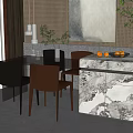 Modern Dining Table Set With Marble Side Cabinet Mixed Color Chairs Artwork And Grid Wall 3d model