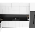Modern White And Black Kitchen Cabinets Design With Countertop Sink And Refrigerator