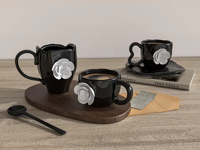 Black Ceramic Mugs With White Flower Decor On Wooden Tray And Spoon Accessory 3d model