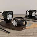 Black Ceramic Mugs With White Flower Decor On Wooden Tray And Spoon Accessory
