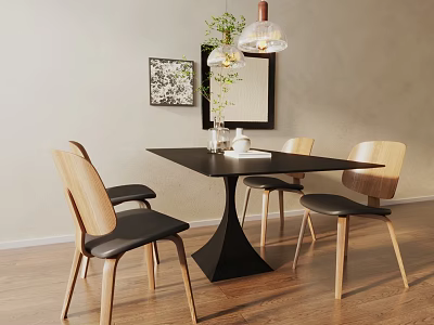 Modern Dining Table and Chairs Set with Black Top Wooden Seats and Pendant Light 3d model