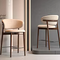 Modern Designer Bar Stools With Beige Upholstered Seats And Wooden Frames 3d model