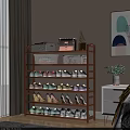 Wooden Multi Tier Shoe Rack With Various Shoes Handbag And Decorative Items