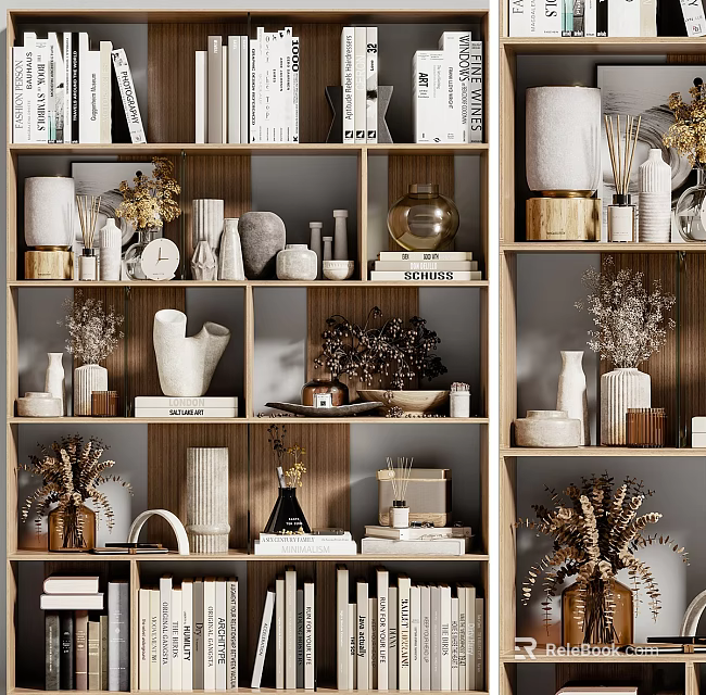 Modern Minimalist Decorative Ornament Arrangement on Shelving Unit with Ceramic Vases Dried Plants And Books 3d model 