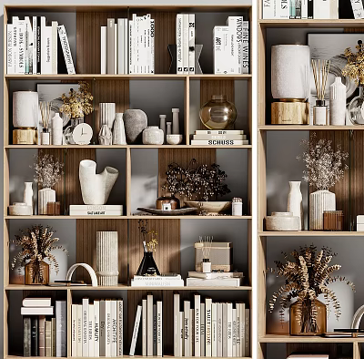 Modern Minimalist Decorative Ornament Arrangement on Shelving Unit with Ceramic Vases Dried Plants And Books 3d model