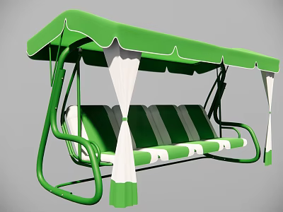 Green Playground Equipment Swing With Green Canopy Striped Seats And White Decorations 3d model