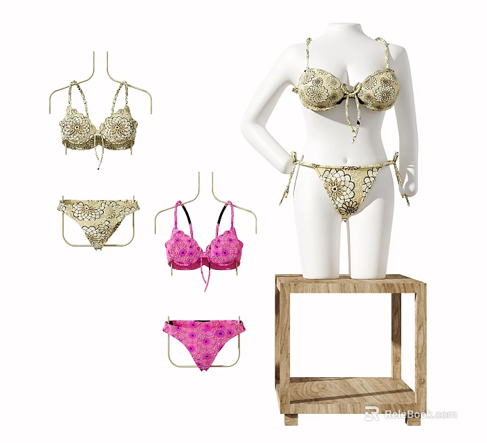 Colorful Bikini Sets With Patterned Designs Displayed On Mannequin And Wooden Stand 3d model 