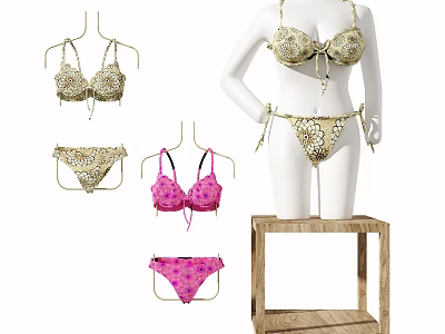 Colorful Bikini Sets With Patterned Designs Displayed On Mannequin And Wooden Stand 3d model