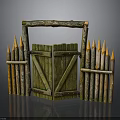Rustic Wooden Gate With Fence And Torches In Outdoor Decorative Setting