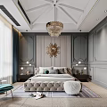 Elegant Modern Bedroom Interior With Bed Blue Curtains Golden Sunburst Mirror And Pendant Light