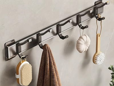 Modern Metal Wall Mounted Bathroom Rack With Hooks For Towel And Brush 3d model